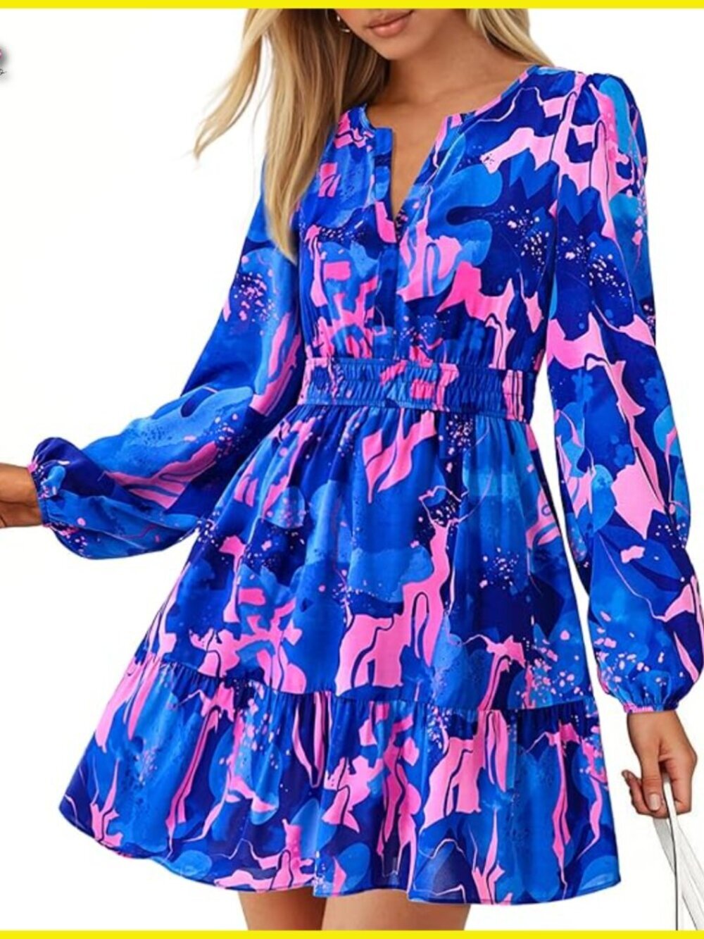 Long Sleeve Mini Dress Boho Floral V Neck Elastic Waist Tiered Ruffle Party